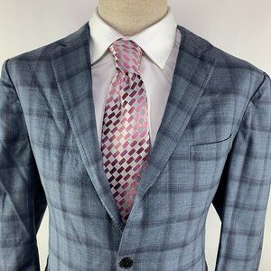 Salvatore Ferragamo 42R (54 Eur) Light Blue Plaid Sport Coat Wool Silk Blend